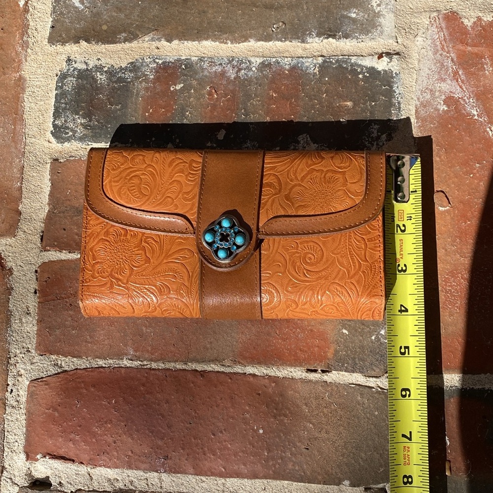 M.C. Floral Tooled Leather Wallet with Turquoise rhinestones & beads - Picture 15 of 16